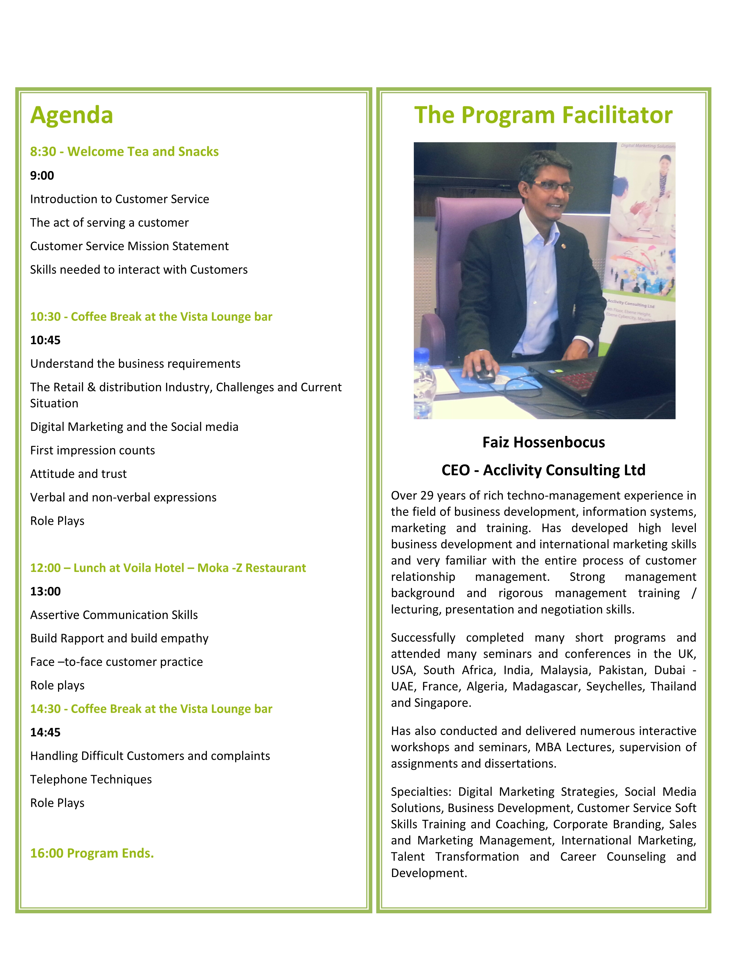 Program Agenda and Facilitator 